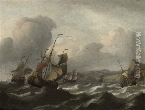 Shipping In Choppy Waters Before A Hilly Mediterranean Coast Oil Painting - Aernout (Johann Arnold) Smit
