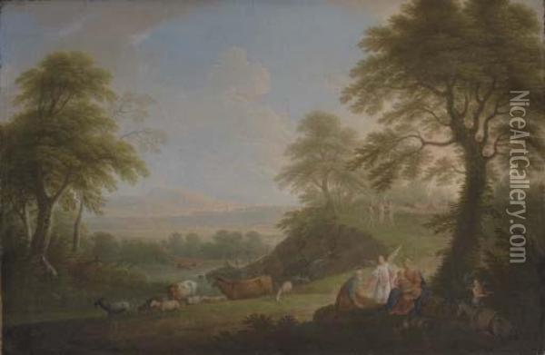 An Extensive Italianate Landscape With The Rest On The Flight Into Egypt Oil Painting - Hendrik Frans Van Lint