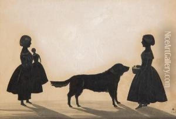 A Silhouette Conversation Piece Of Two Girlsand A Dog, One Girl Holding A Doll And The Other A Basket Offlowers, Signed. Oil Painting - Samuel Metford