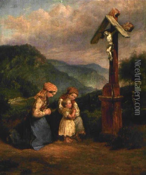Betende Kinder Vor Einem Feldkreuz Oil Painting - Johann Georg Meyer von Bremen