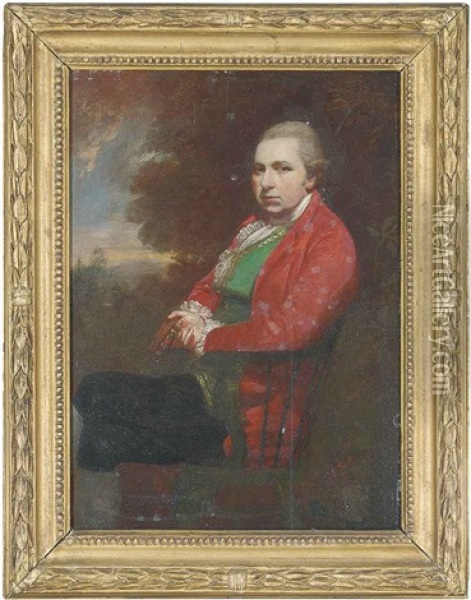 Portrait Of Charles William Le Geyt, Seated, In A Red Coat, Green Waistcoat And Black Breeches, A Book In His Right Hand, A Landscape Beyond Oil Painting - Sir William Beechey