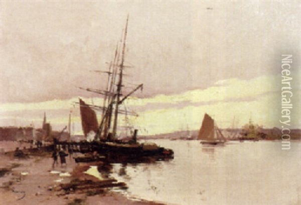 Ships At Harbour Oil Painting - Hendrik Savry