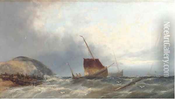 Fishing boats heading out from the beach Oil Painting - William Henry Williamson