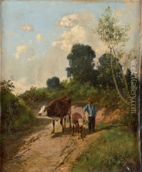 Berger Et Ses Vaches Oil Painting - Clement (Charles-Henri) Quinton