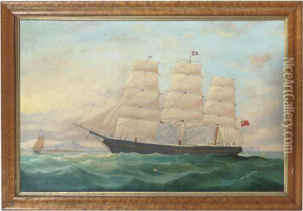 A Three-masted Barque In Full Sail Off A Coastline Oil Painting - William Davison