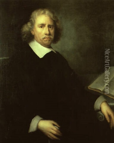 Portrait Of Professor Antonius Aemilius Seated At A Table With A Book Oil Painting - Cornelis Jonson Van Ceulen
