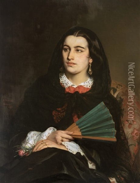 A Milanese Lady With A Fan Oil Painting - Jean-Francois Portaels