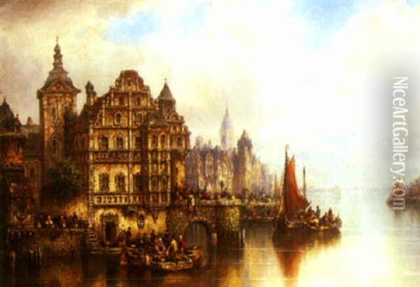 A Town Harbour With Figures On A Quay Oil Painting - Ludwig Hermann