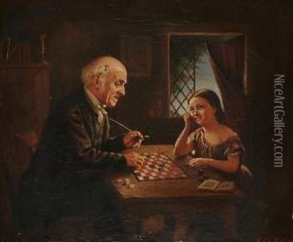 A Game Of Draughts Oil Painting - R. St.Ledger Pigot