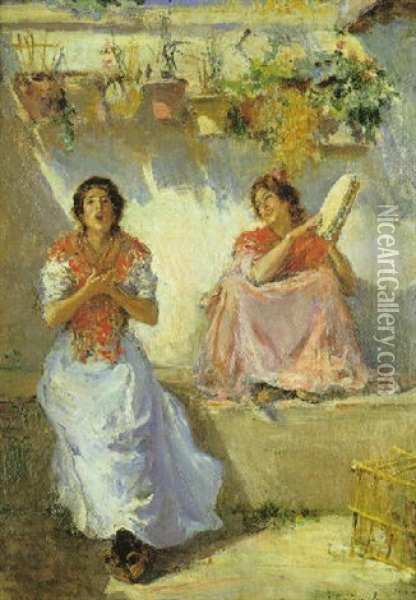 Granadinas Cantando En El Patio Oil Painting - Tomas Munoz Lucena