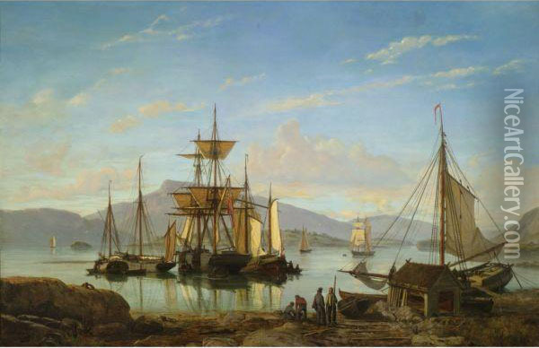 Ships In A Harbor Oil Painting - Johan Jacob Bennetter