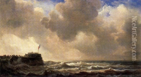 Marine Mit Sturmischer See Bei Einem Hollandischen Pier Oil Painting - Wilhelm August Leopold Christian Krause
