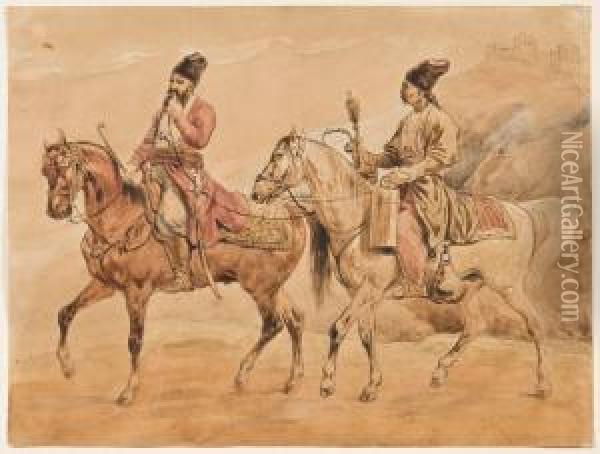 Deux Cavaliers Des Confins Orientaux De L'empire Russe Oil Painting - Aleksander Orlowski