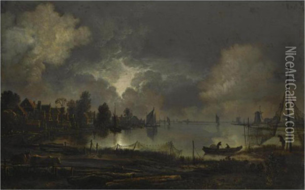 View Of A Lakeside Town By Moonlight, With An Eel Trap In Theforeground Oil Painting - Aert van der Neer