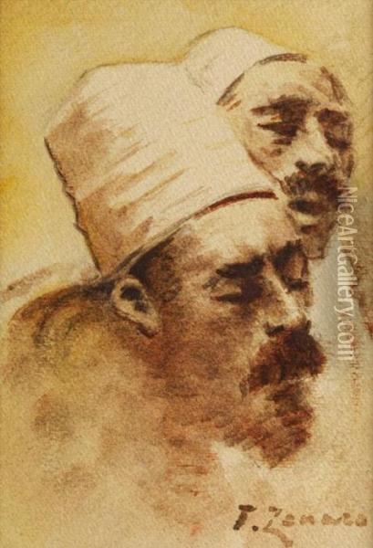 Zwei Bartige Mannerkopfe Mit Turkischerfezkopfbedeckung Oil Painting - Fausto Zonaro