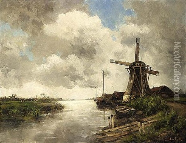 A Windmill In A Polder Landscape Oil Painting - Hermanus Koekkoek the Younger