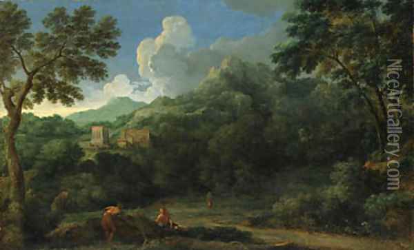 An Italianate Landscape with Figures, a village beyond Oil Painting - Gaspard Dughet