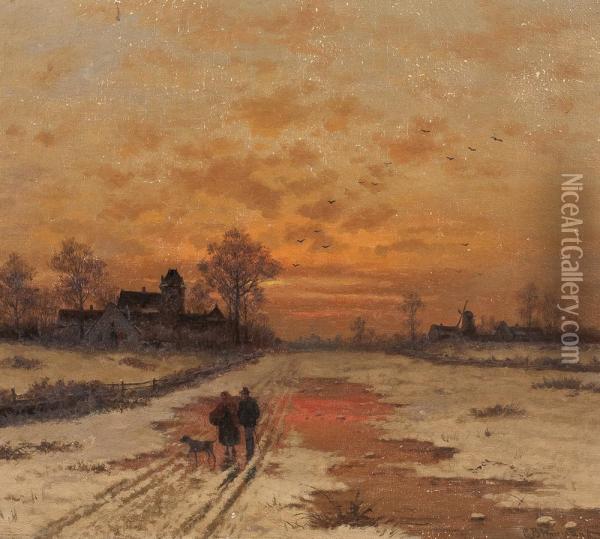 Abendspazierung In Winterlicher Landschaft Oil Painting - Caesar Bimmermann
