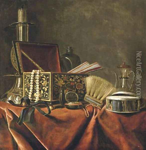A silver candlestick, an emamelled jewellery box with a pearl necklace and a pair of fans Oil Painting - Pieter Gerritsz. van Roestraeten