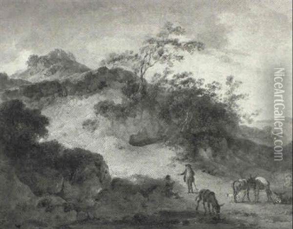 Figures And Donkeys Resting In A Landscape Oil Painting - Julius Caesar Ibbetson