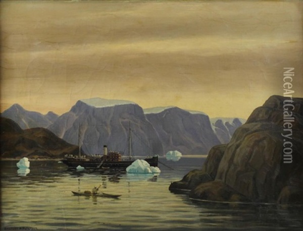 Fjord In Greenland With Local Fisherman In The Foreground Oil Painting - Emanuel A. Petersen