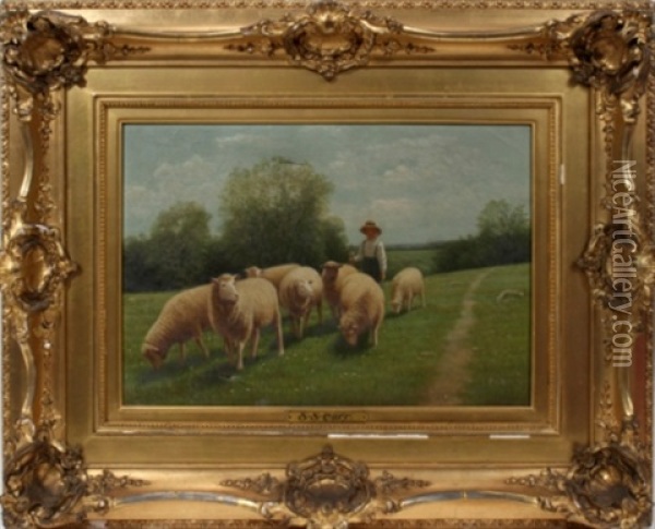 Young Boy With Sheep Oil Painting - Samuel S. Carr