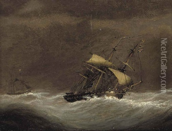 A Royal Navy Frigate Reefed-down In Heavy Seas Oil Painting - Nicholas Matthew Condy