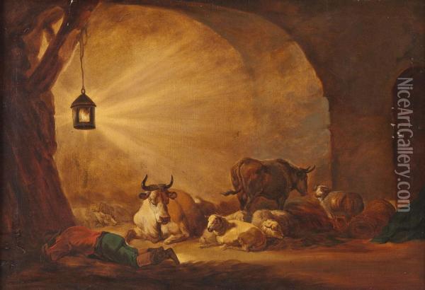 Schlafender Hirte Mit Schafen Und Kuhen Im Stall Oil Painting - Johann Christian Klengel