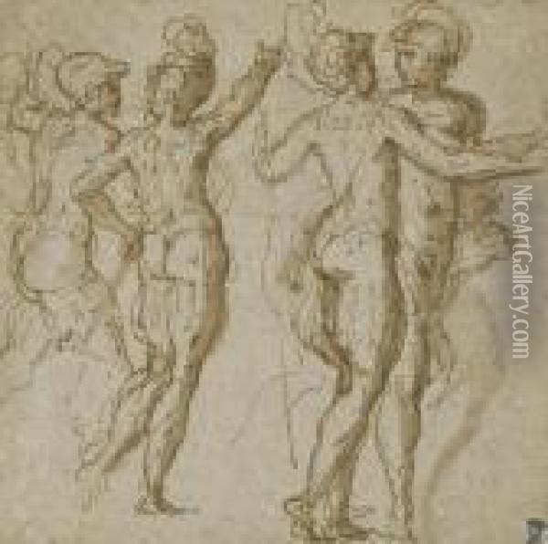 Quatre Hommes Armes Et Casques Oil Painting - Perino del Vaga (Pietro Bonaccors)