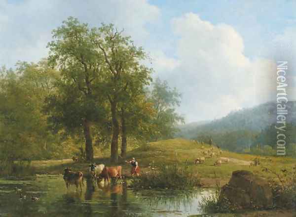 Herding the cattle in summer Oil Painting - Andreas Schelfhout