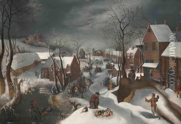 A Winter Landscape With The Massacre Of The Innocents Oil Painting - Jacob Grimmer