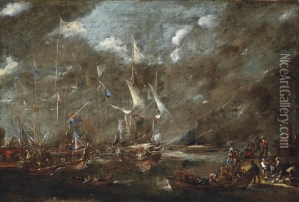 The Holy League's Fleet Lying Off A Harbour, Thought To Be Genoa, Before The Battle Of Lepanto, With Figures Loading Arms And Armour Onto A Boat In The Foreground With A Dignitary Looking On Oil Painting - Andries Van Eertvelt