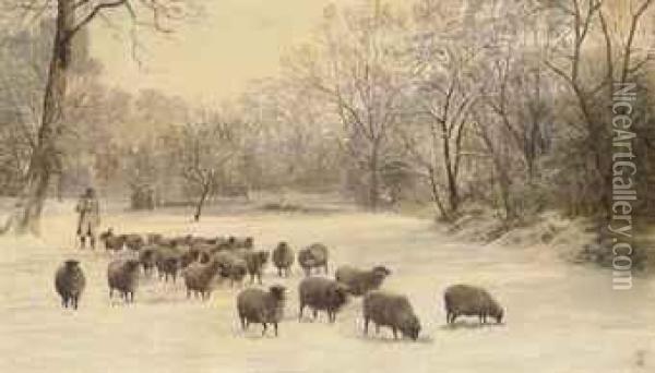 A Shepherd And Flock In A Snowy Landscape Oil Painting - Charles Jones