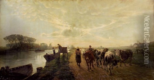 Heimtrieb Einer Rinderherde An Einem Kanal Oil Painting - Hermann Baisch