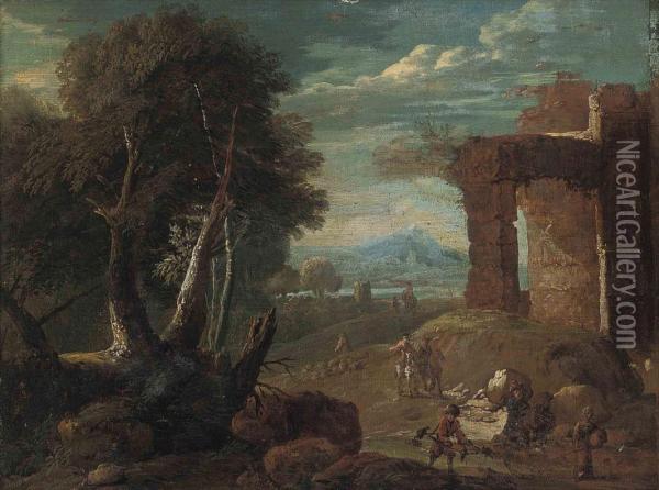 A Capriccio With Classical Ruins And Figures On A Track, A Lake And Mountains Beyond Oil Painting - Jan Baptist Huysmans
