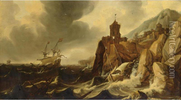 A Rocky Coast With Ships And Shipwrecking In Stormy Weather, With A Fortified Town On A Cliff Oil Painting - Monogrammist Pl Or Dl