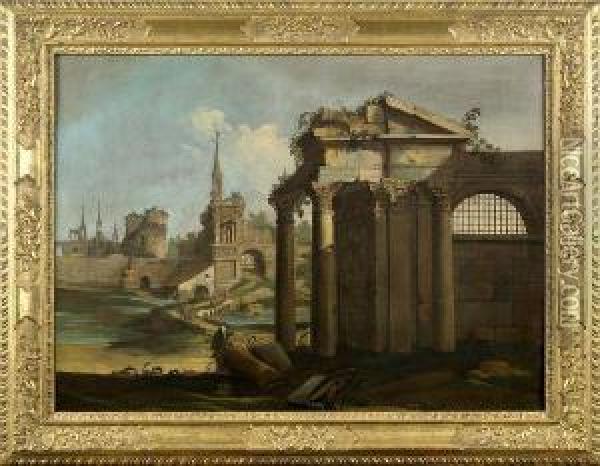 Caprice Architectural Avec Ruines Et Personnages Oil Painting - (Giovanni Antonio Canal) Canaletto