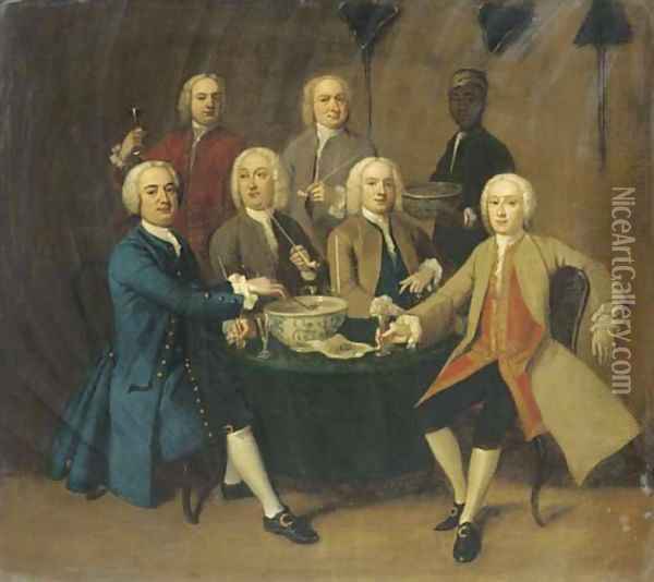 Gentlemen drinking and smoking pipes round a table in an interior, a servant bearing a bowl of punch Oil Painting - English School