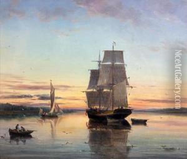 Shipping In An Estuary Oil Painting - John Moore Of Ipswich