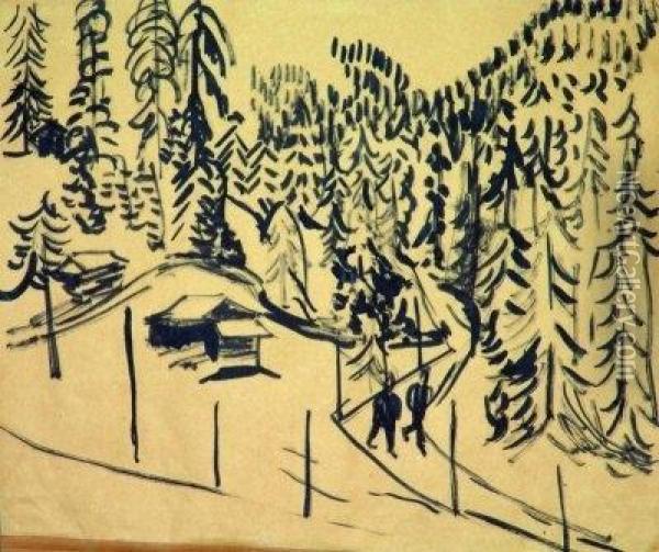 Forest Hut With Two Strollers. 1923 Oil Painting - Ernst Ludwig Kirchner