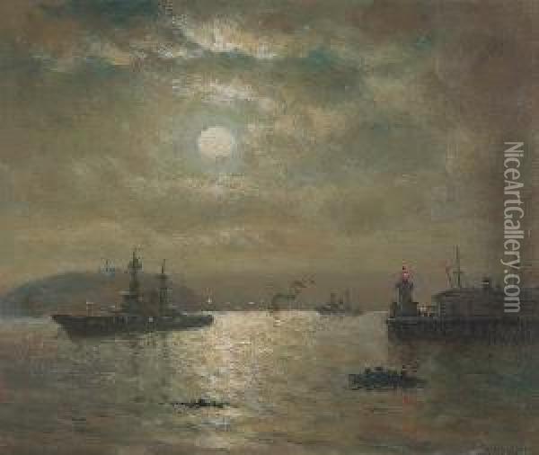 A Moonlit Battleship Entering A Harbor Oil Painting - William Alexander Coulter