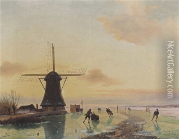 A Winter Landscape With Skating Figures Near A Windmill Oil Painting - Nicolaas Johannes Roosenboom