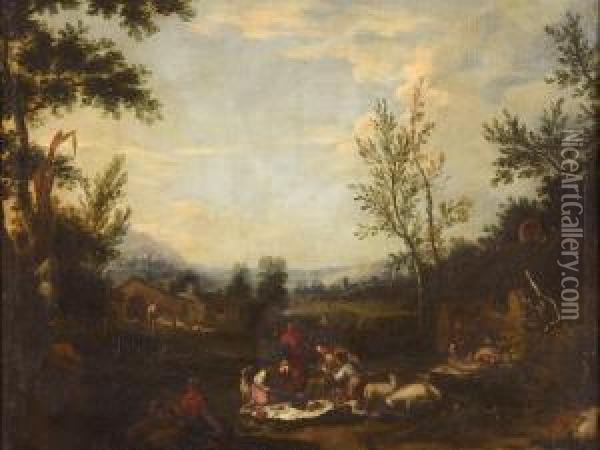 Peasant Families In Italianate Landscapes Oil Painting - Vittorio Amedeo Cignaroli