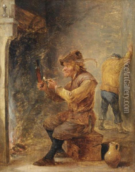 A Peasant Smoking And Drinking Beer In An Interior Oil Painting - David The Younger Teniers