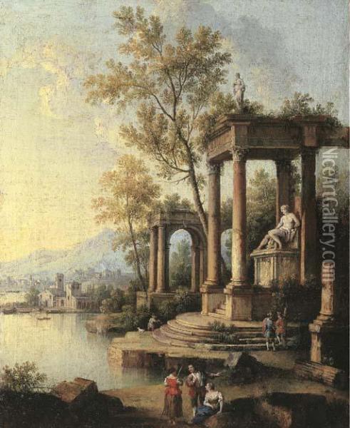 A Coastal Landscape With Figures By Classical Ruins, A Port Beyond Oil Painting - Johann Franz Ermels