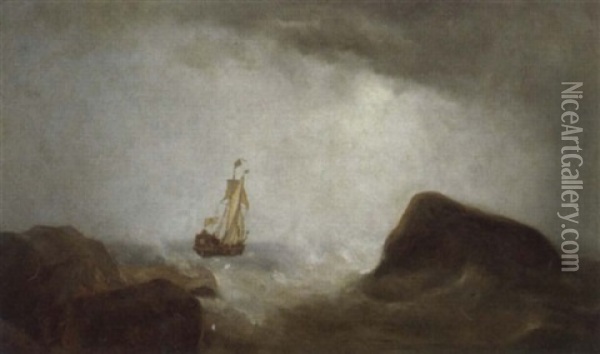 Sturmische Felsenkuste Mit Auslaufendem Schiff Oil Painting - Baron Jean Antoine Theodore Gudin