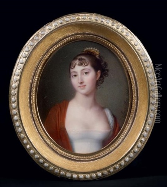 Portrait De Jeune Femme En Robe De Soie Blanche, Les Epaules Couvertes D'un Chale Rouge Oil Painting - Jean Baptiste Jacques Augustin