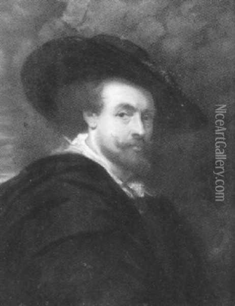 A Self-portrait, Wearing Black Cloak Over Brown Doublet, White Lace Collar And Wide Brimmed Black Hat Oil Painting - George Perfect Harding
