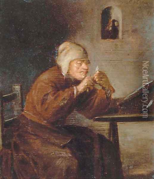 A man seated at his desk sharpening his pen Oil Painting - Adriaen Brouwer