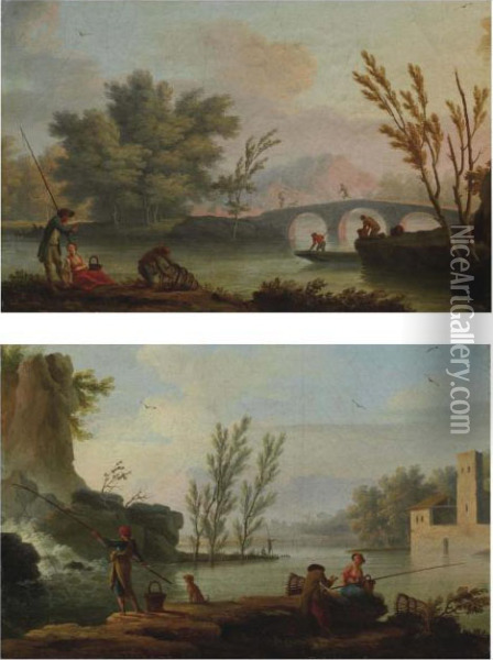 Pecheurs Pres D'une Cascade; Et Pecheurs Pres D'un Pont Oil Painting - Jean Henry D'Arles